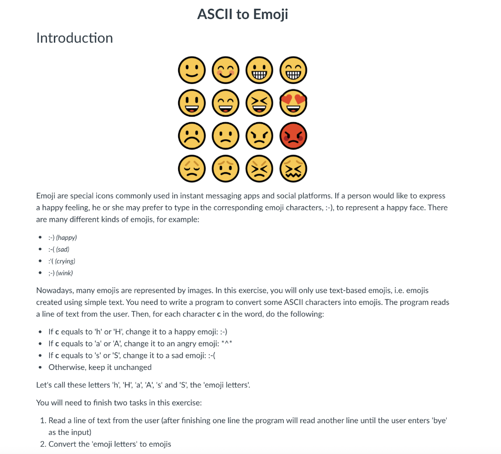 Solved Ascii To Emoji Introduction Up (:)) (-D (:(00 Xo@ 0:0 | Chegg.Com