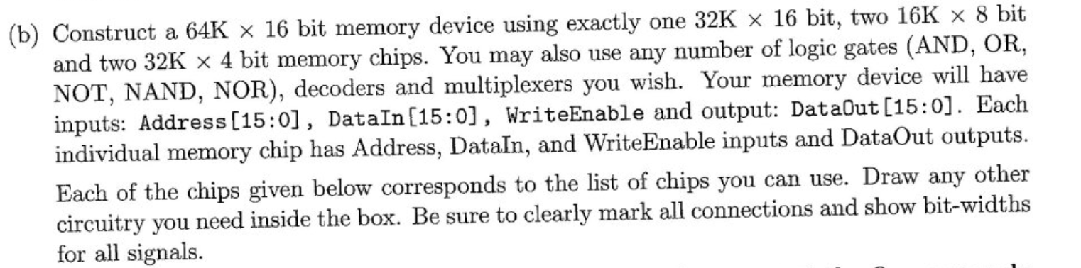 Construct a \( 64 \mathrm{~K} \times 16 \) bit memory device using exactly one \( 32 \mathrm{~K} \times 16 \) bit, two \( 16