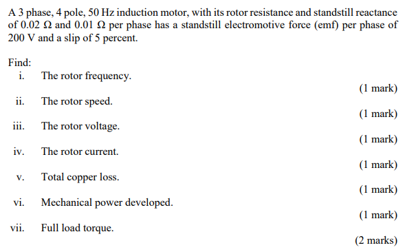Solved A 3 phase, 4 pole, 50 Hz induction motor, with its | Chegg.com