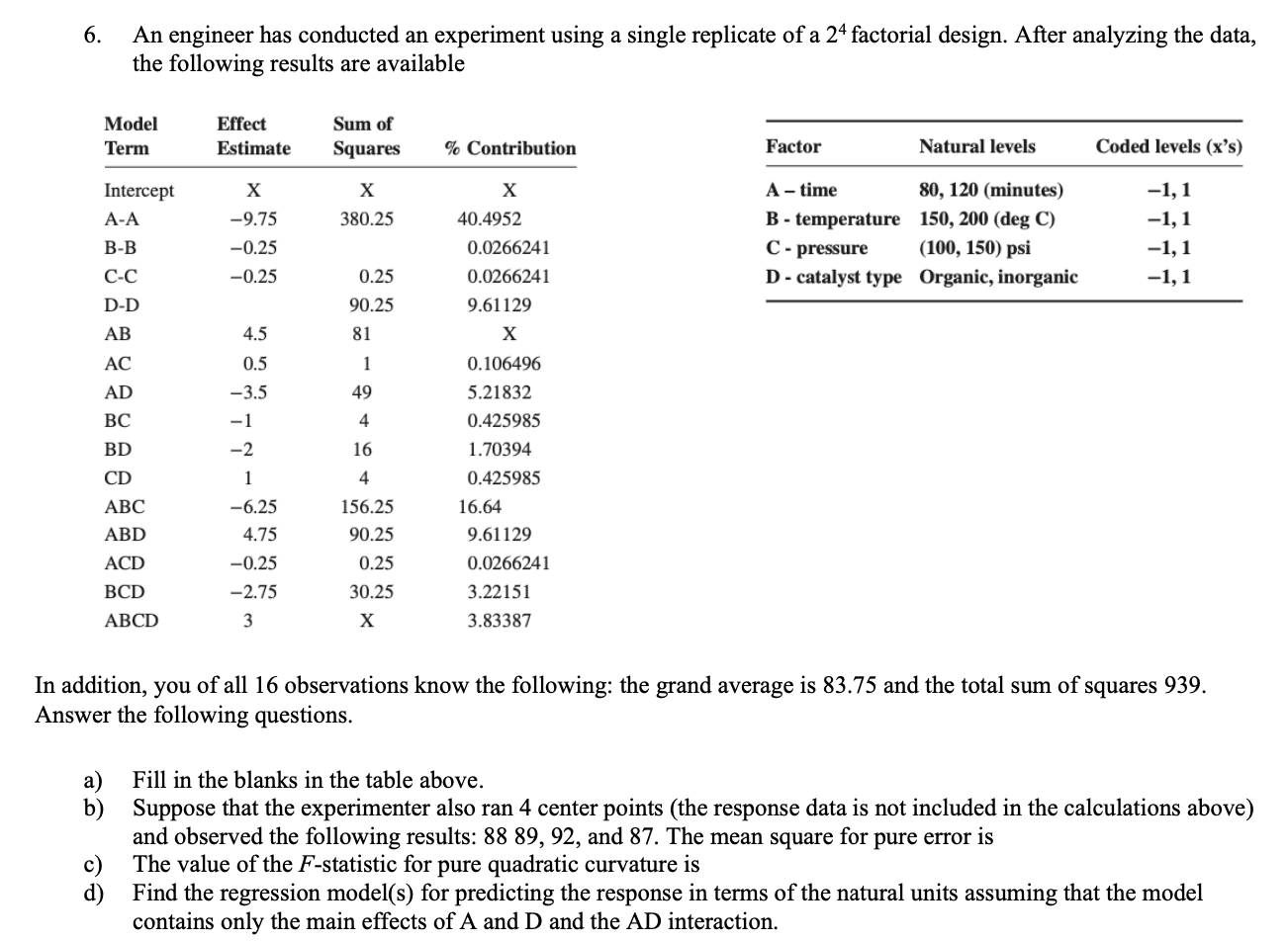 Solved 6. An engineer has conducted an experiment using a | Chegg.com