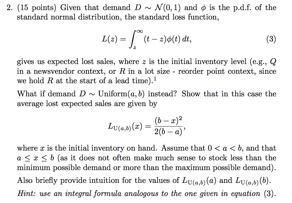 Standard Normal Loss Function Formula