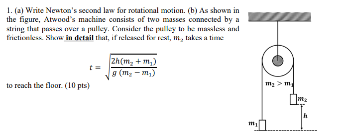 1. (a) Write Newtons second law for rotational motion. (b) As shown in the figure, Atwoods machine consists of two masses c