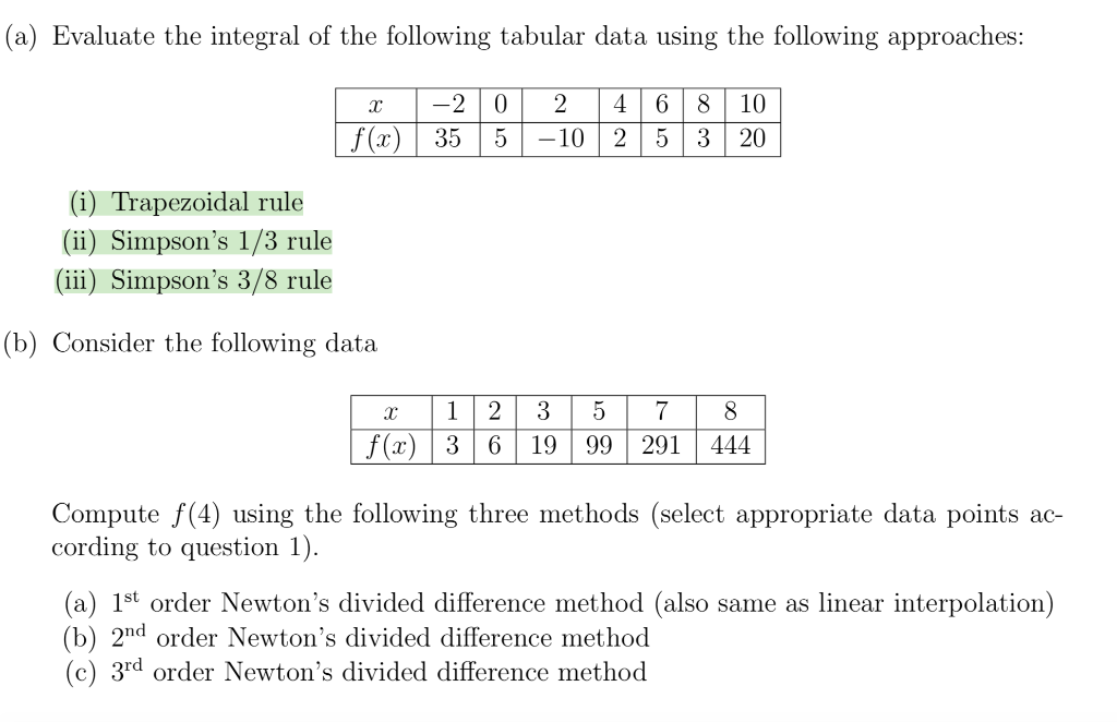 Solved (a) Evaluate The Integral Of The Following Tabular | Chegg.com