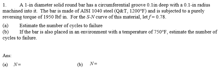 Solved 1. A 1-in diameter solid round bar has a | Chegg.com