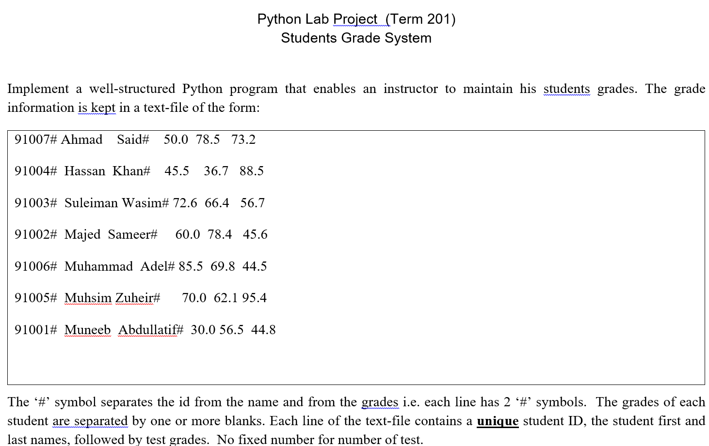 Python Lab Project (Term 201) Students Grade System | Chegg.com