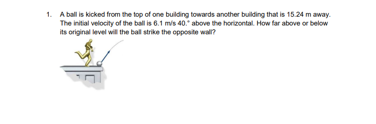 A ball is kicked from the top of one building towards another building that is \( 15.24 \mathrm{~m} \) away. The initial velo