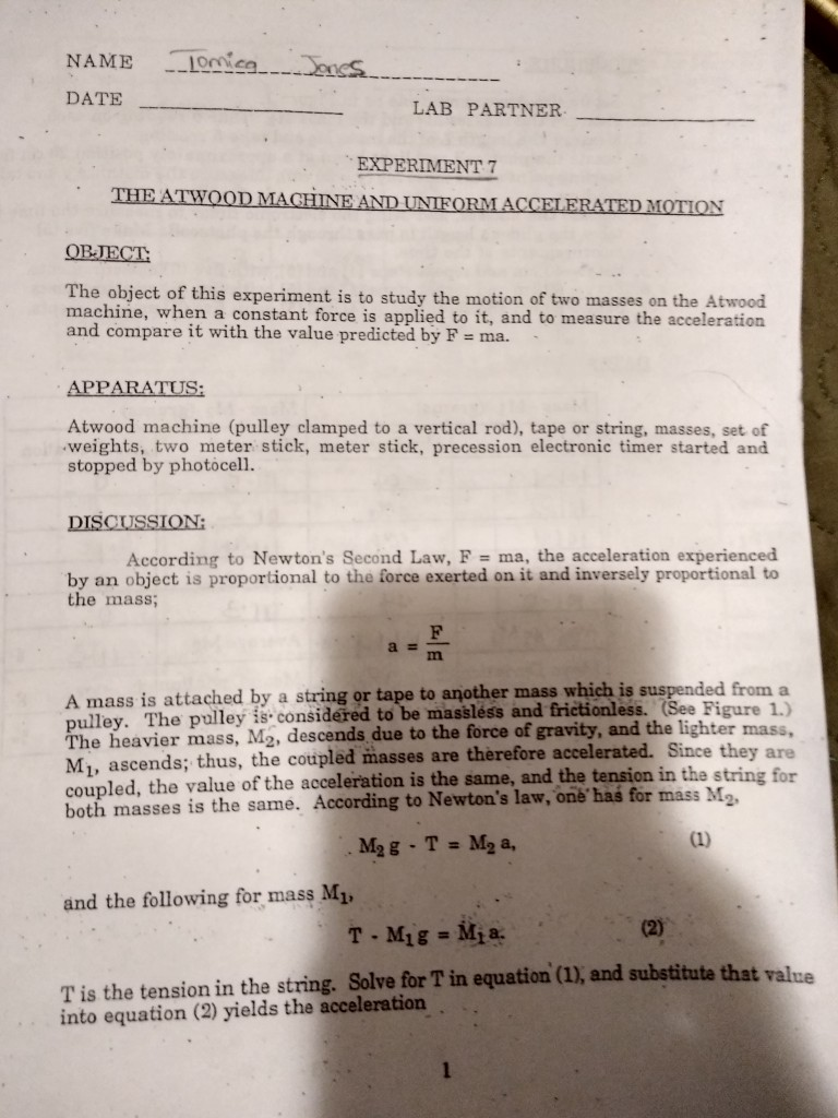Solved NAME 1 DATE LAB PARTNER ㅡ ㅡㅡㅡ EXPERIMENT 7 THE ATWOOD | Chegg.com
