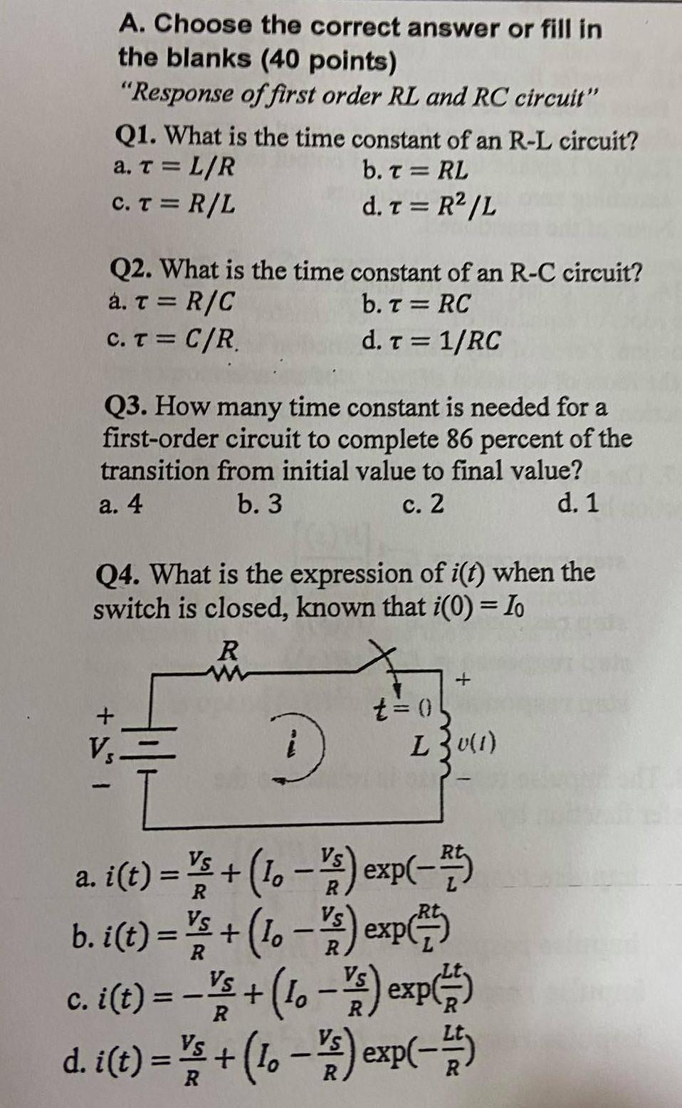 Solved A Choose The Correct Answer Or Fill In The Blanks Chegg Com