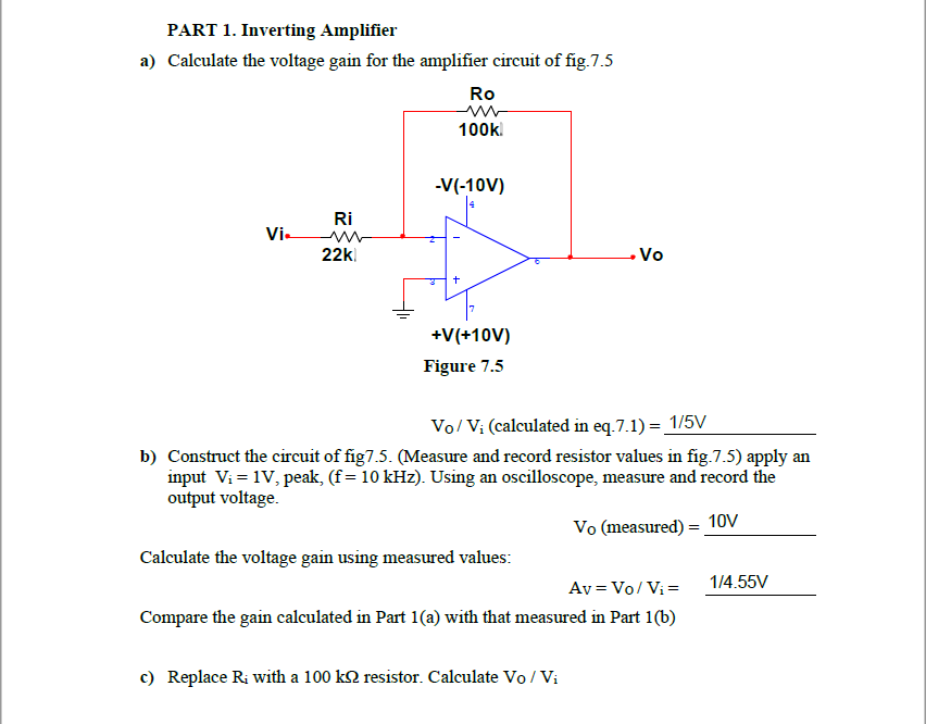 Solved PART 1. Inverting Amplifier a) Calculate the voltage