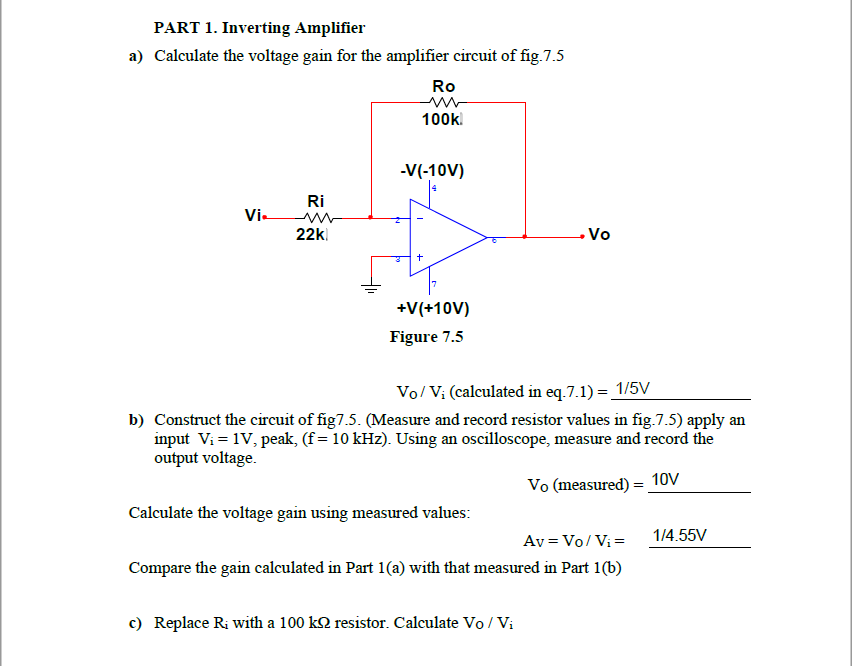 Solved PART 1. Inverting Amplifier A) Calculate The Voltage | Chegg.com