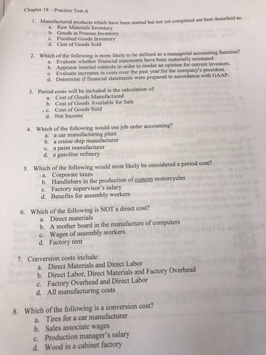 Solved Chapter 18- Practice Test A 1. Manufactured products | Chegg.com