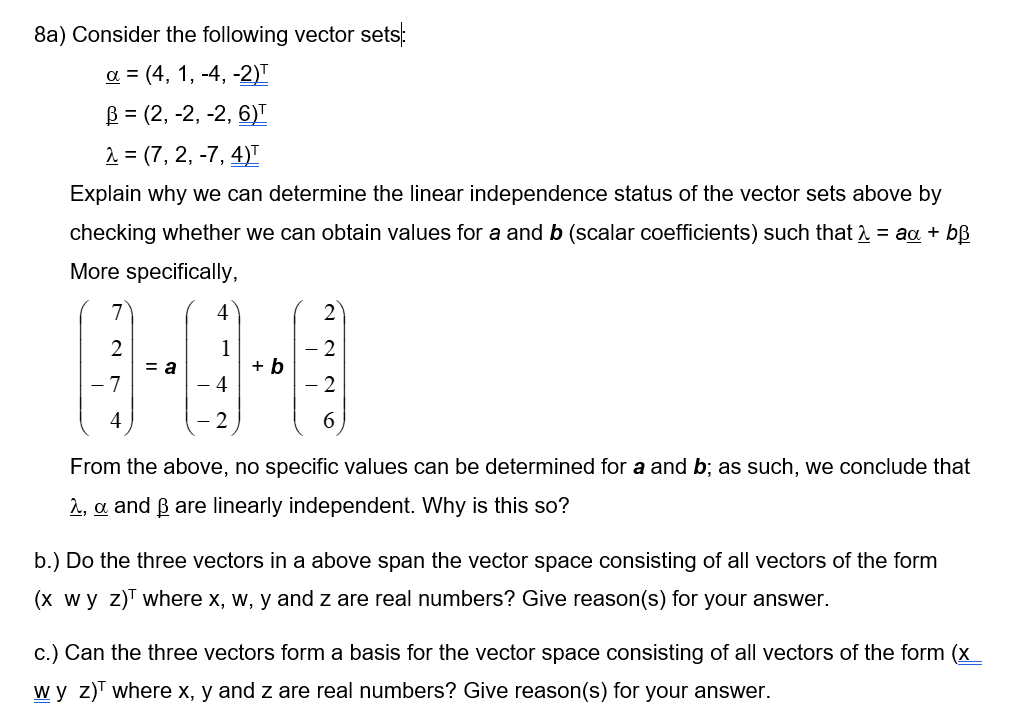 Solved 8a) Consider the following vector sets: | Chegg.com