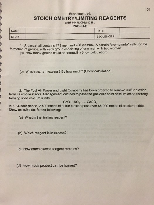 Solved 29 Experiment #4: STOICHIOMETRYILIMITING REAGENTS CHM