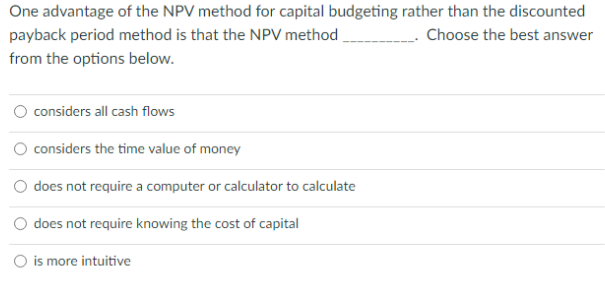 Solved One advantage of the NPV method for capital budgeting | Chegg.com