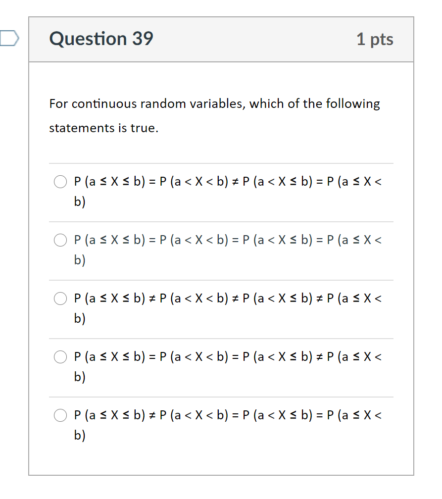 Solved Question 39 1 pts For continuous random variables, | Chegg.com