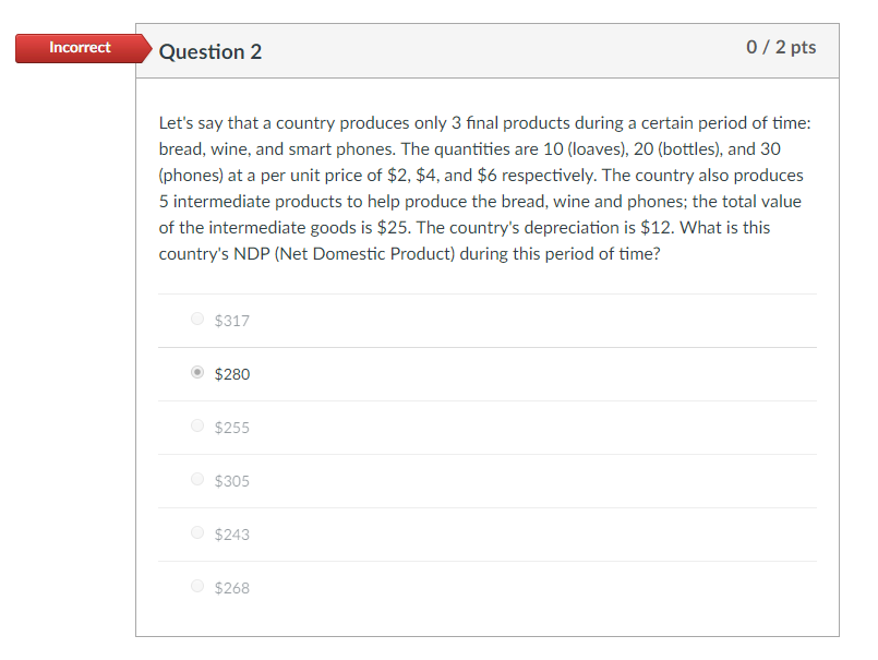 Solved Incorrect Question 1 0/2 pts Let's say that a country | Chegg.com