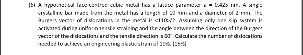 Solved (6) A hypothetical face-centred cubic metal has a | Chegg.com