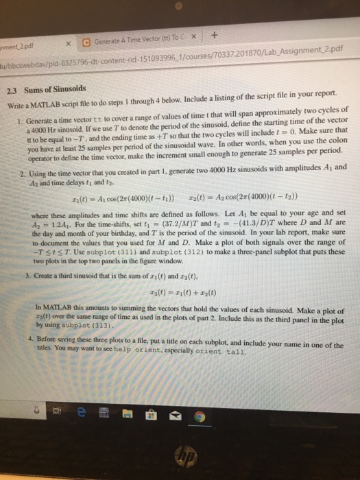 Solved × e Generate A Time Vector (tt) Tocx nment 2 pdf | Chegg.com