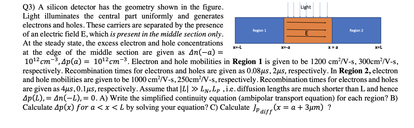 Q3) A silicon detector has the geometry shown in the figure. Light illuminates the central part uniformly and generates elect