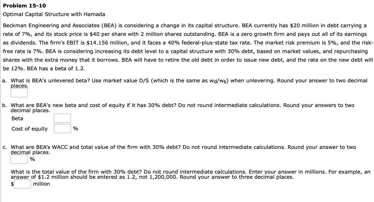 Solved Problem 15-10 Optimal Capital Structure with Hamada | Chegg.com