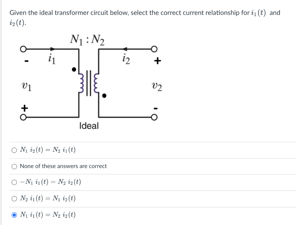 Solved Given The Ideal Transformer Circuit Below Select The