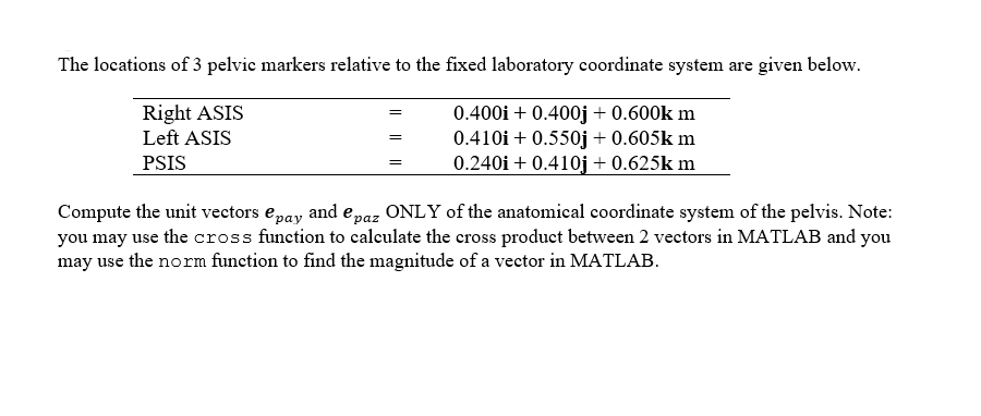 Solved The locations of 3 pelvic markers relative to the | Chegg.com