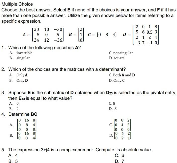 Solved Multiple Choice Choose The Best Answer. Select E If | Chegg.com