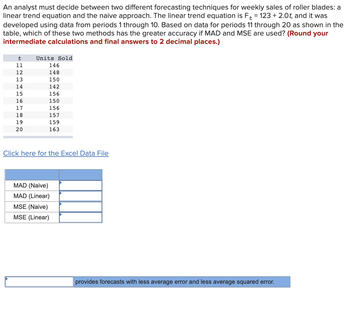 Solved 1. MAD (Naive), MAD (linear), MSE (Naive), (MSE | Chegg.com
