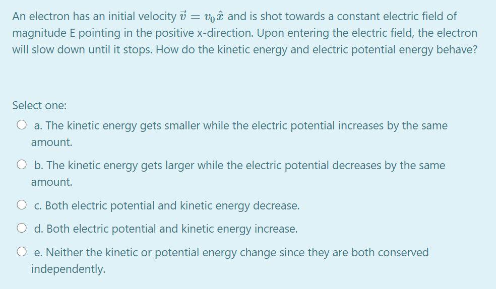 Solved An electron has an initial velocity = voĉ and is | Chegg.com