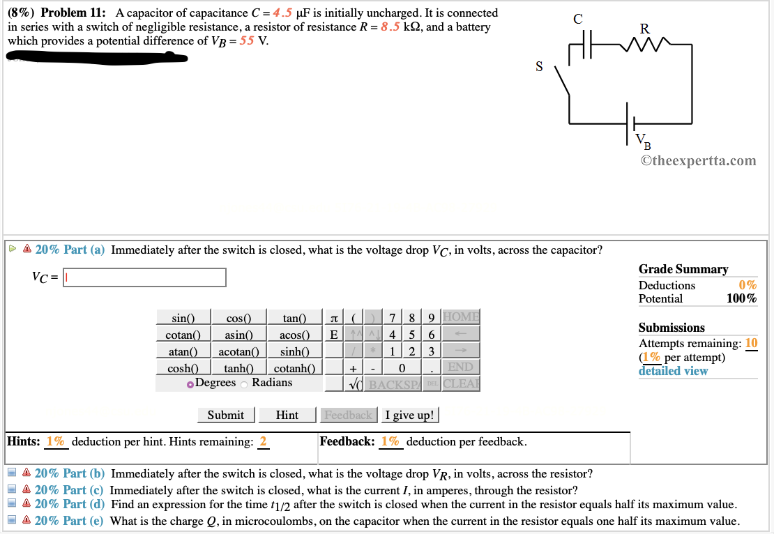 Solved (8%) Problem 11: A Capacitor Of Capacitance C = 4.5 | Chegg.com