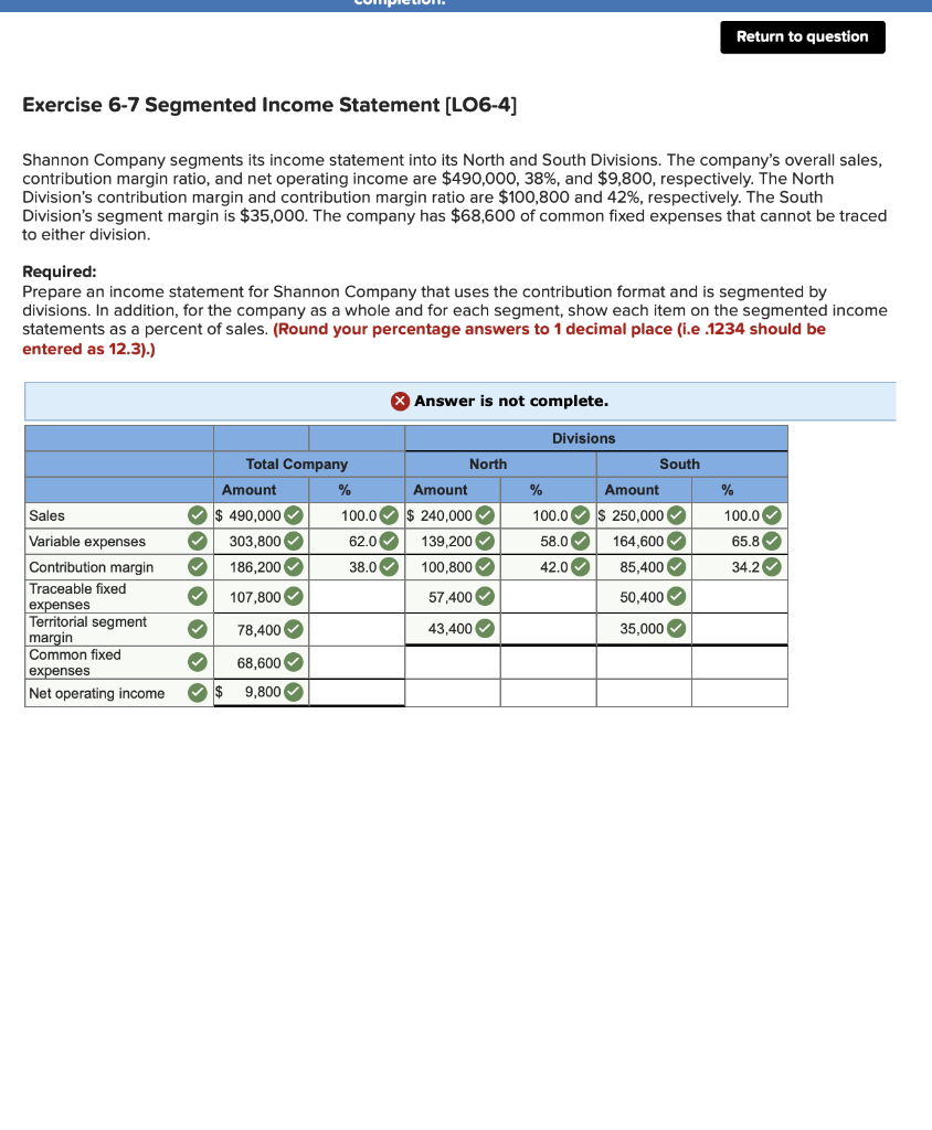 Solved Return To Question Exercise Segmented Income Chegg Com