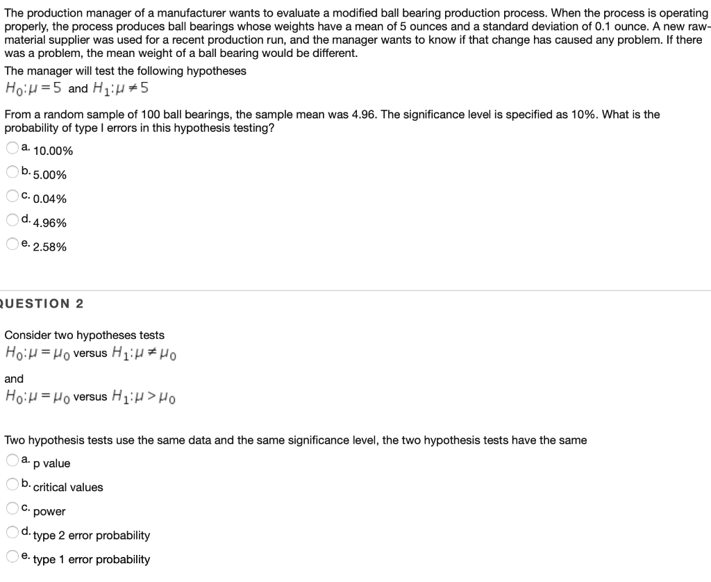 Solved The production manager of a manufacturer wants to | Chegg.com