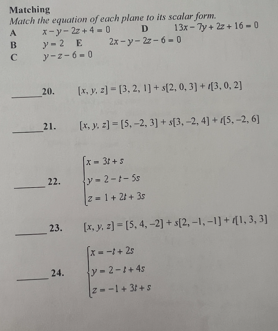 Solved Matching Match the equation of each plane to its | Chegg.com