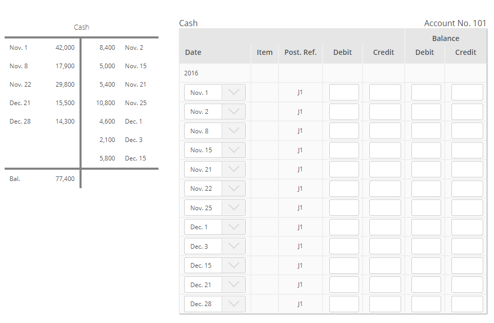 Solved Cash Cash Account No. 101 Balance Nov. 1 42,000 8,400 | Chegg.com