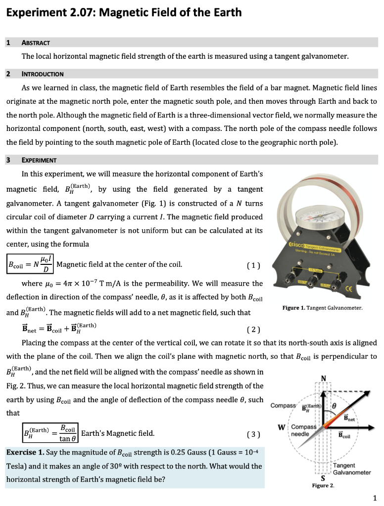 Solved Experiment 2.07 field of the Earth 1