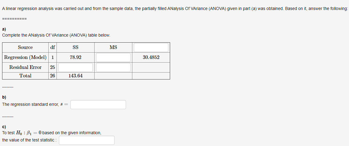 Solved A Linear Regression Analysis Was Carried Out And From | Chegg.com