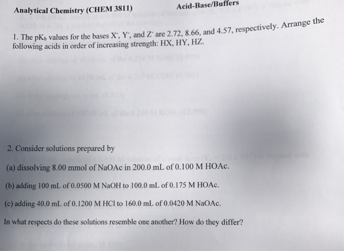 Solved Analytical Chemistry (CHEM 3811) AcidBase/Buffers 1.