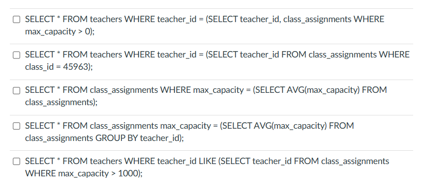 the teachers and class_assignments tables contain these columns