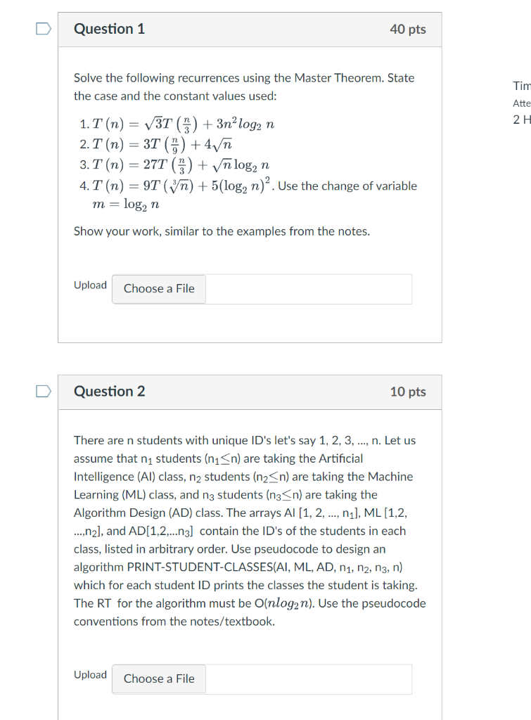 Solve The Following Recurrences Using The Master | Chegg.com