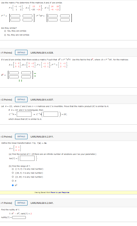 Solved Use the matrix P to determine if the matrices A and | Chegg.com