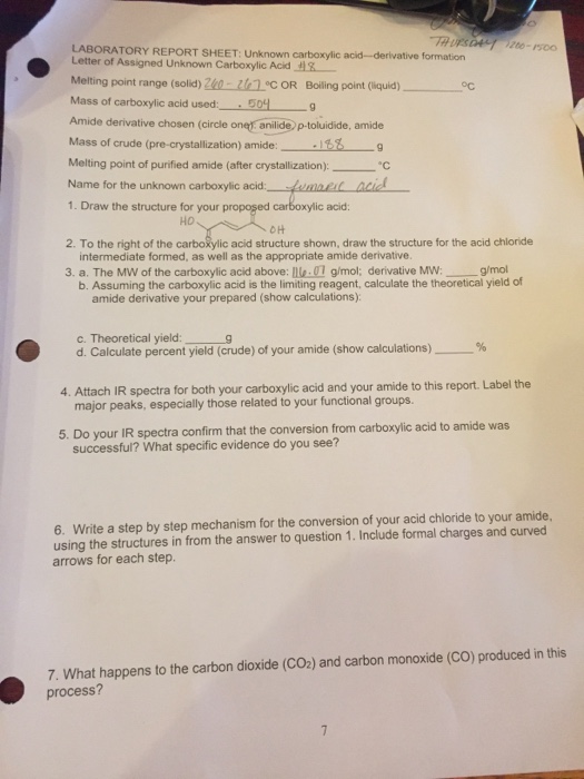 Solved LABORATORY REPORT SHEET Unknown carboxylic acid
