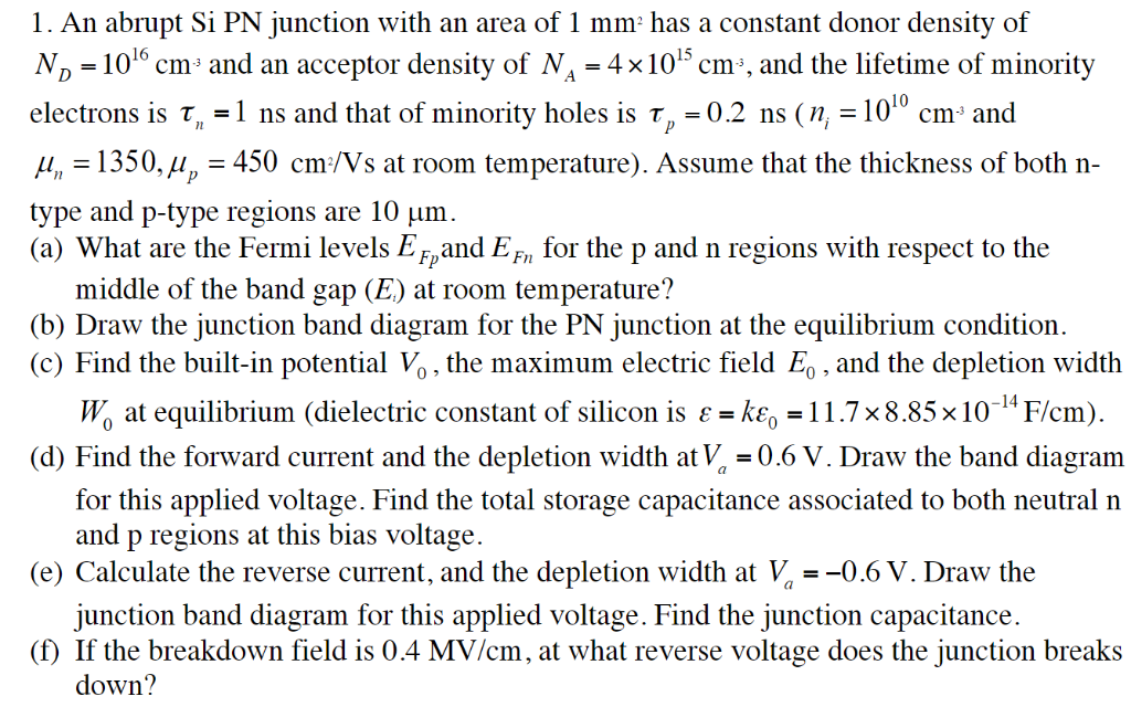 Solved 1. An abrupt Si PN junction with an area of 1 mm has | Chegg.com