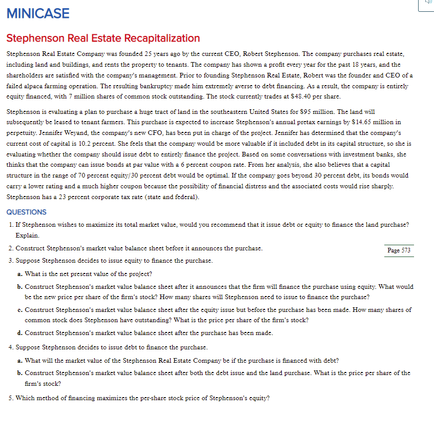 Solved MINICASE m Stephenson Real Estate Recapitalization