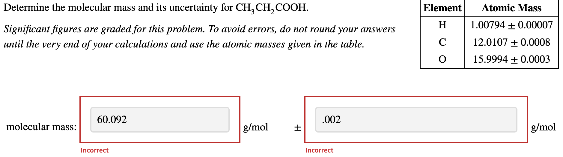 Solved Determine the molecular mass and its uncertainty for | Chegg.com