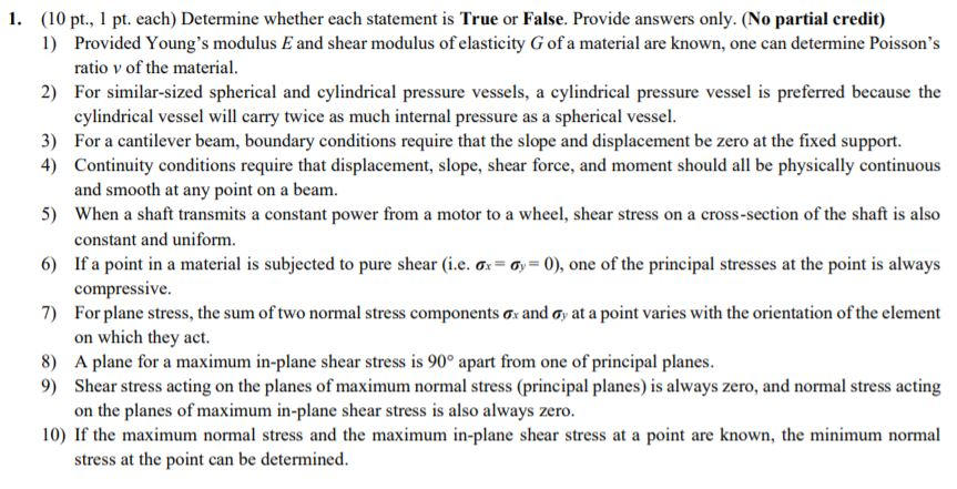Solved 1. (10 pt., 1 pt. each) Determine whether each | Chegg.com