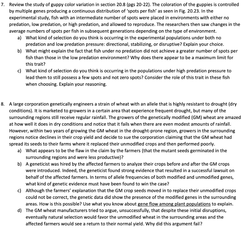 Solved 7. Review the study of guppy color variation in | Chegg.com