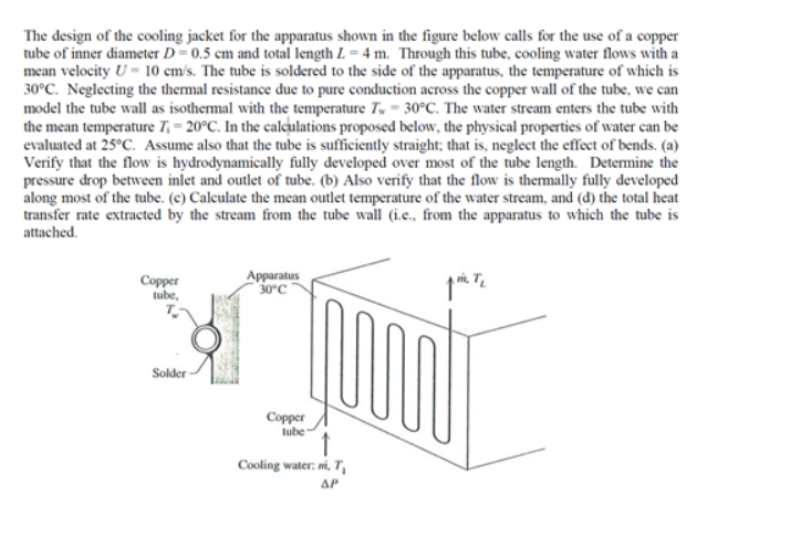 The design of the cooling jacket for the apparatus shown in the figure below calls for the use of a copper tube of inner diam