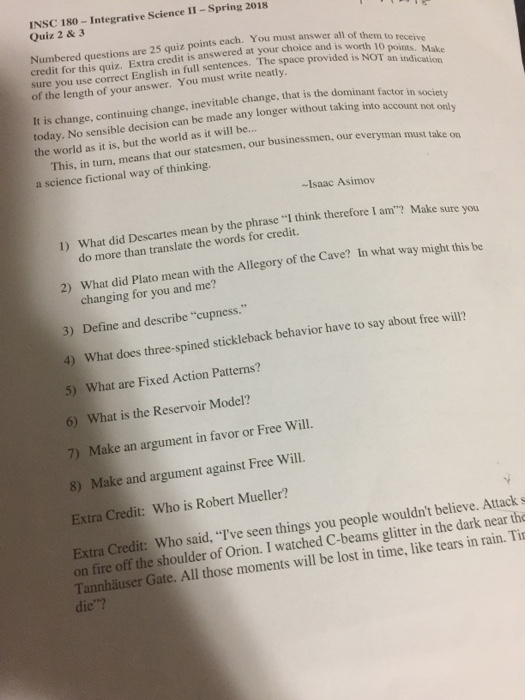 Solved INSC 180 Integrative Science I1 Spring 2018 Quiz 2 Chegg