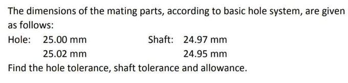 Solved The dimensions of the mating parts, according to | Chegg.com