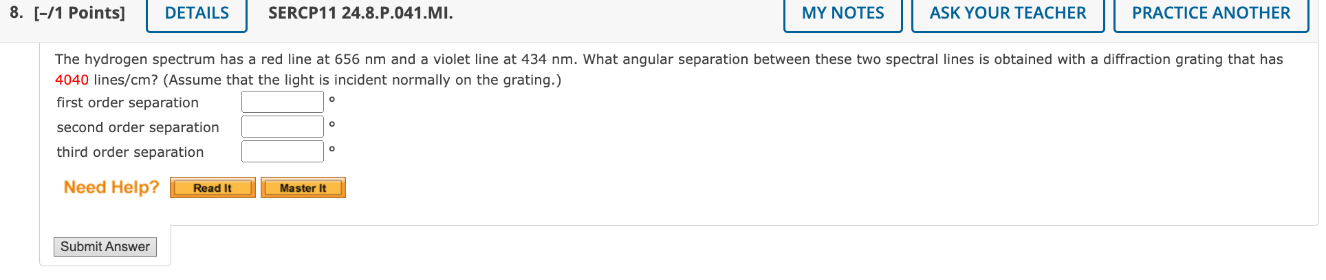Solved The hydrogen spectrum has a red line at 656 nm and a | Chegg.com